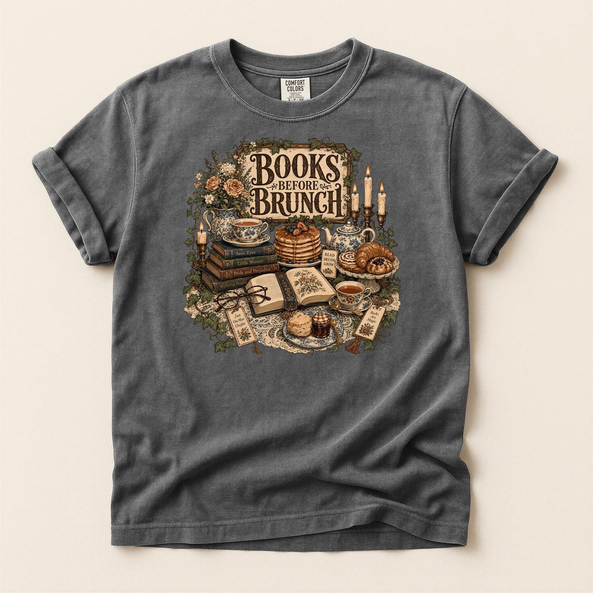 Books Before Brunch bookish tee in Pepper, full flat