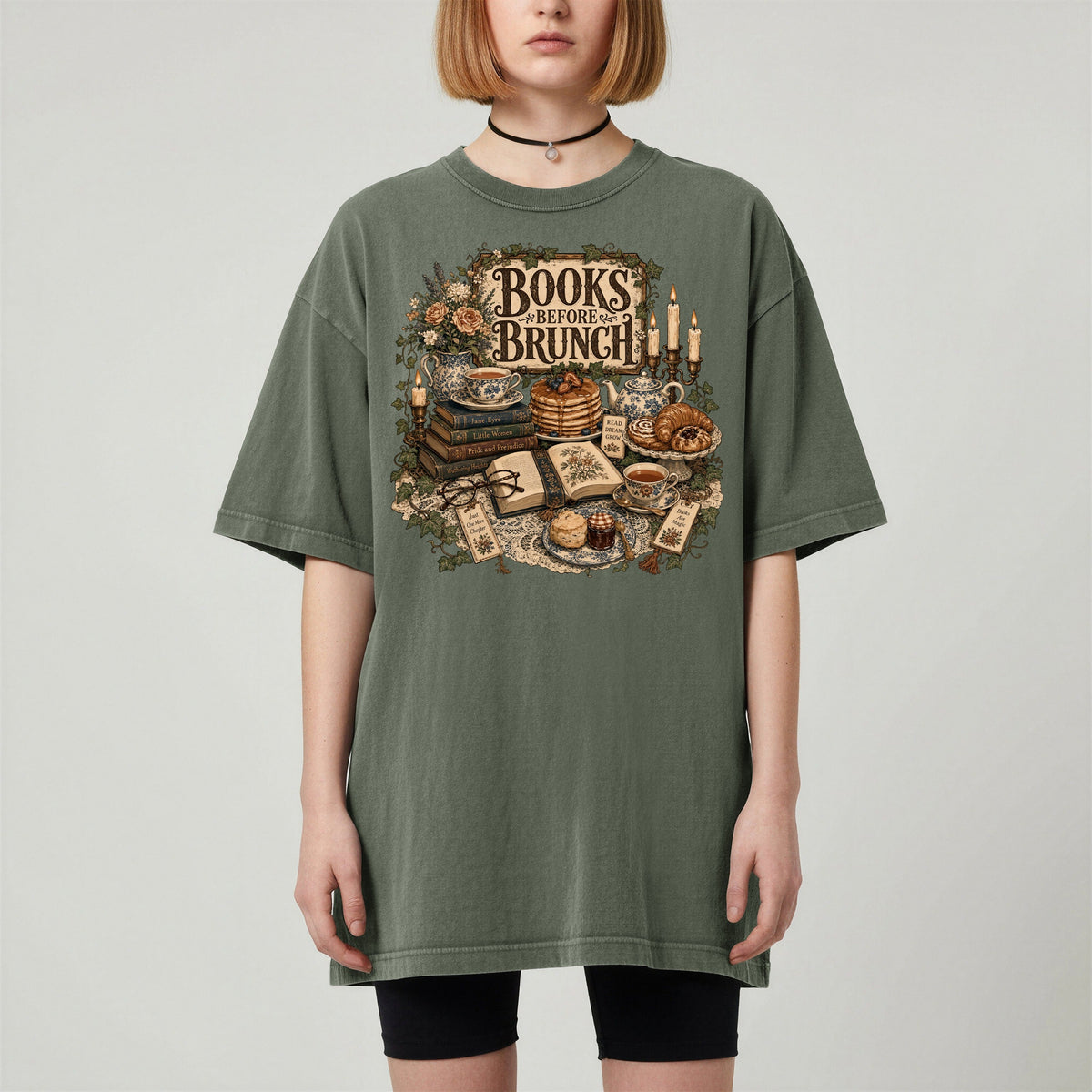 Books Before Brunch bookish tee in Moss, worn