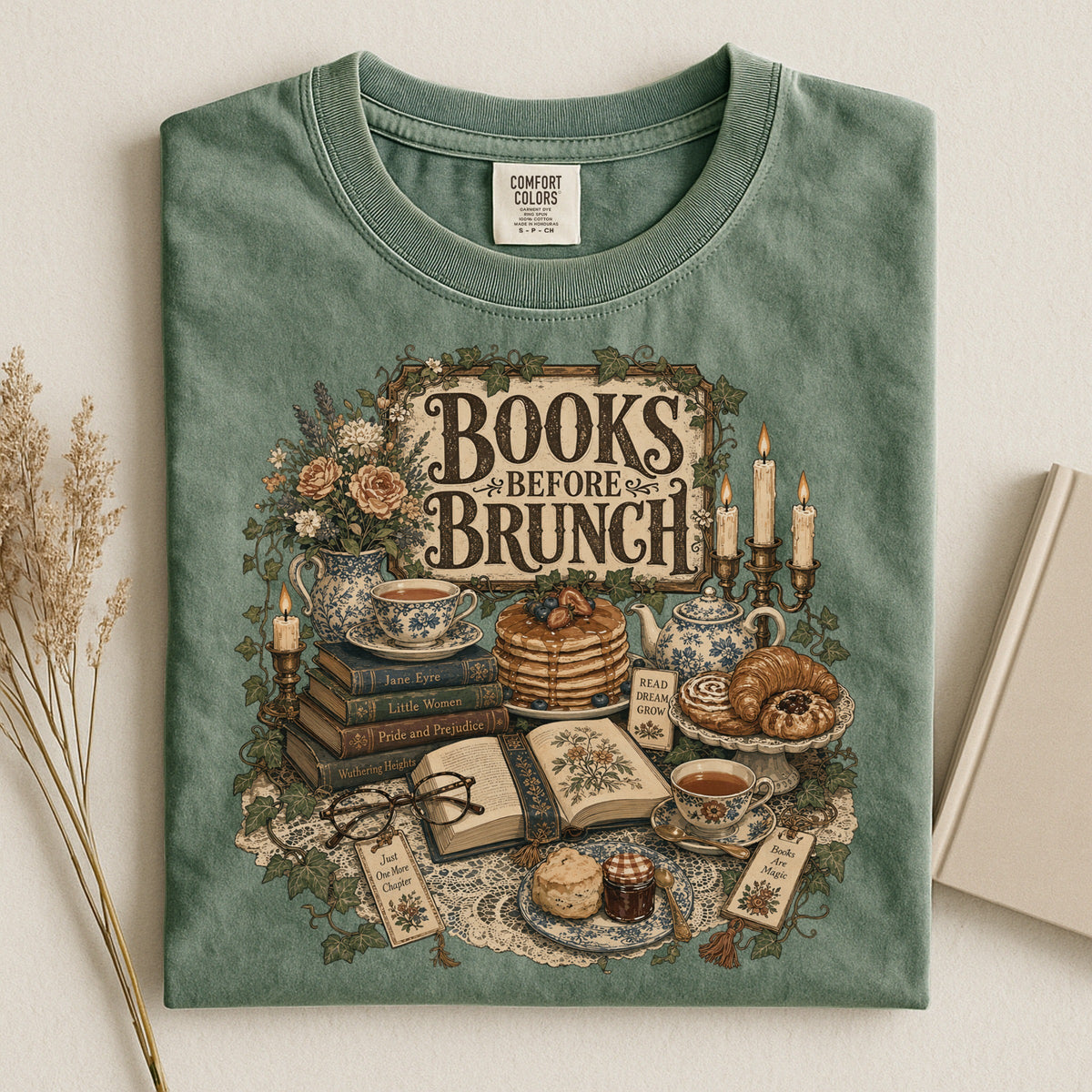 Books Before Brunch bookish tee in Moss, flat lay