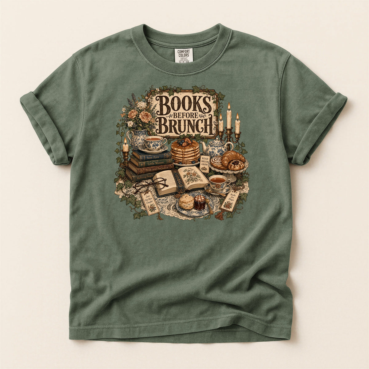 Books Before Brunch bookish tee in Moss, full flat