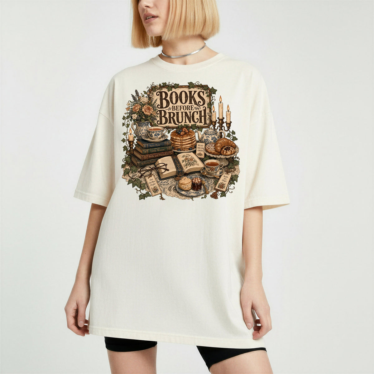 Books Before Brunch bookish tee in Ivory, worn