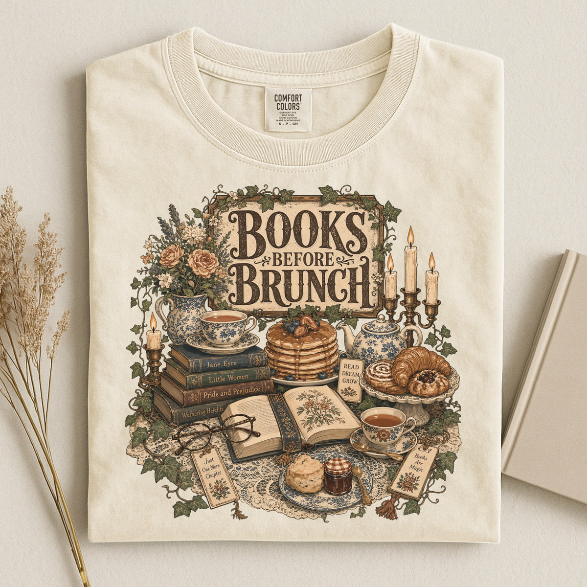 Books Before Brunch bookish tee in Ivory, flat lay