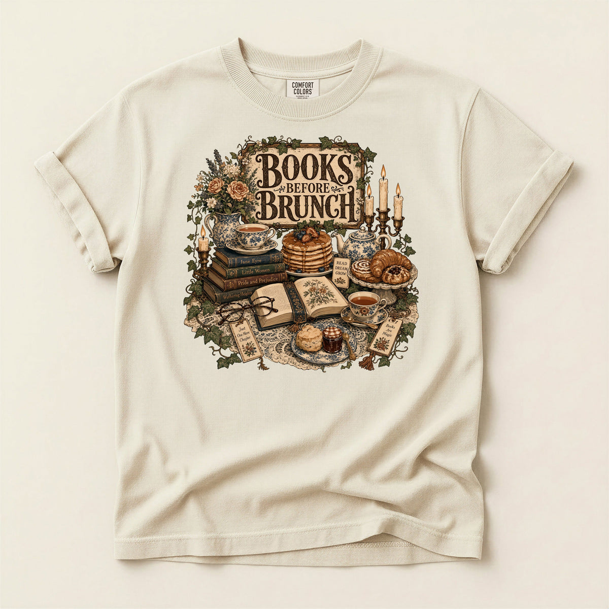Books Before Brunch bookish tee in Ivory, full flat
