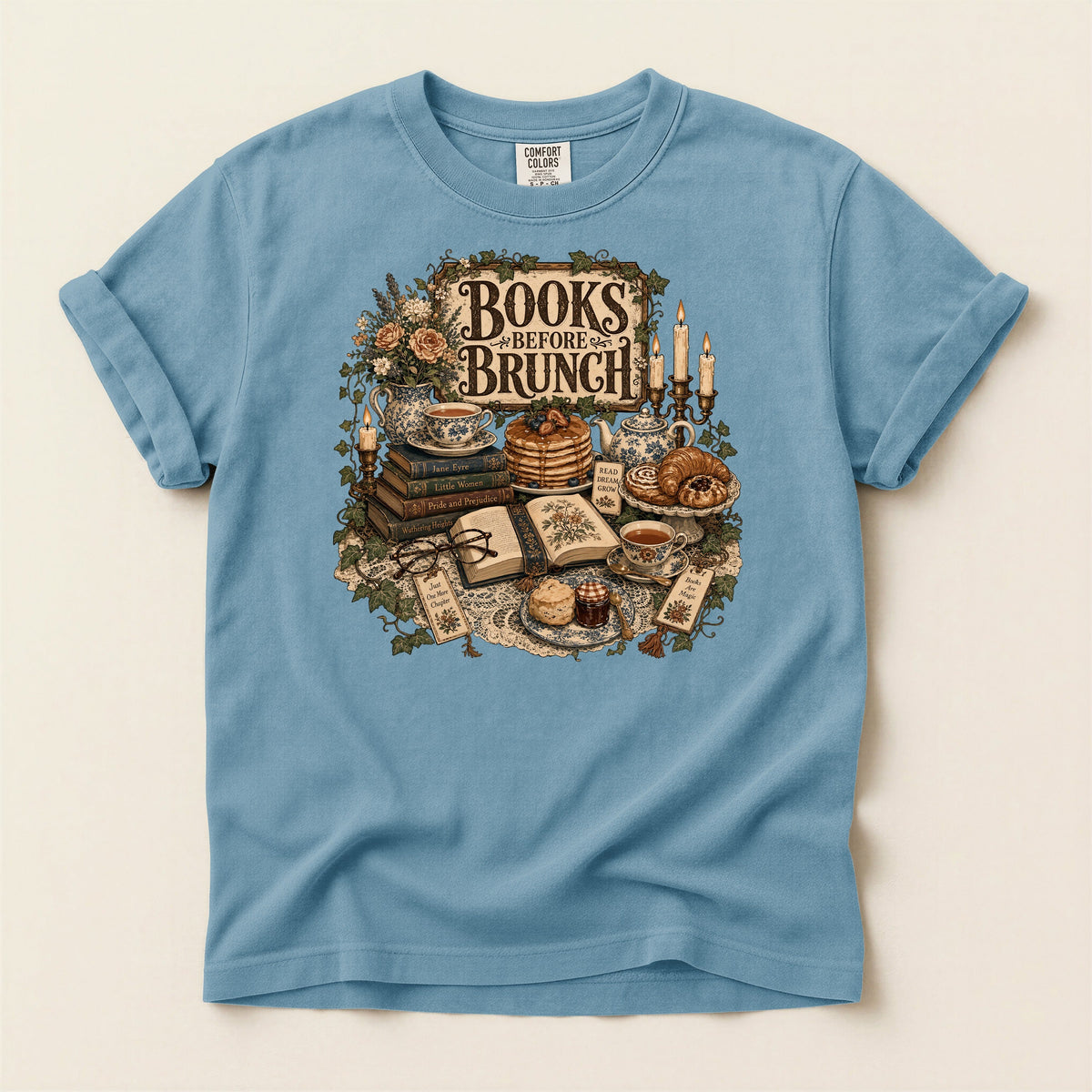 Books Before Brunch bookish tee in Ice Blue, full flat