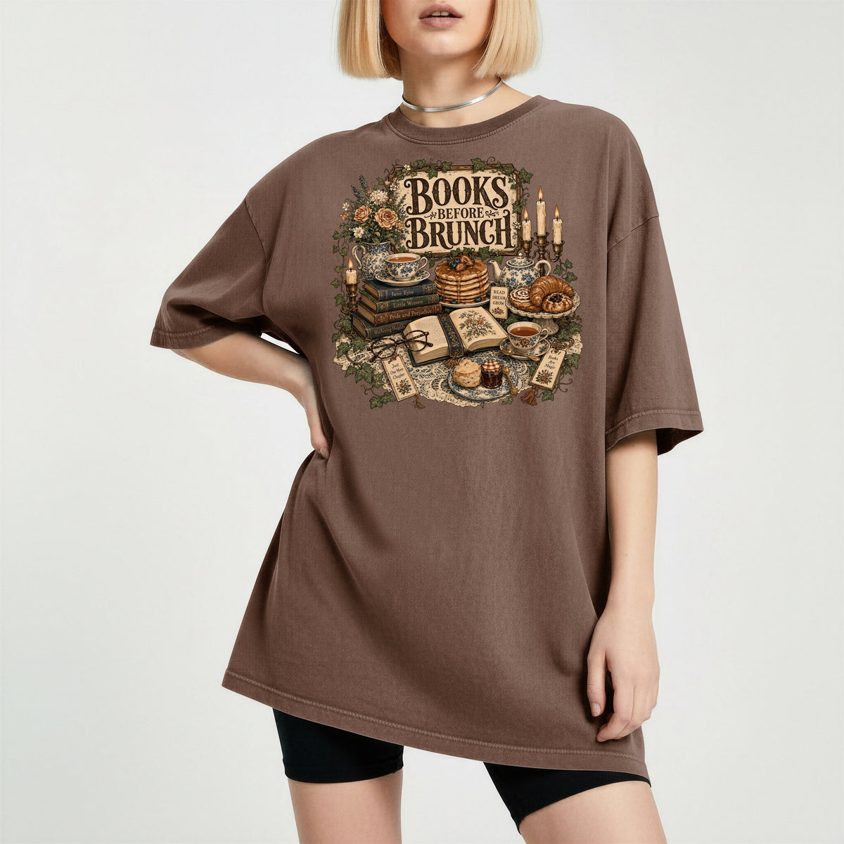 Books Before Brunch bookish tee in Espresso, worn