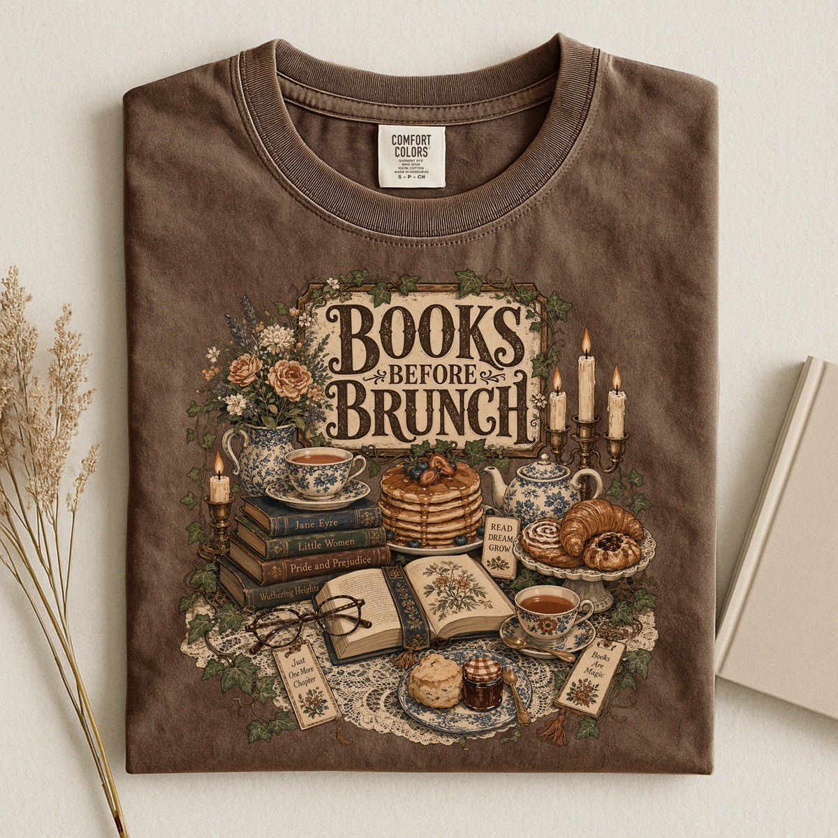 Books Before Brunch bookish tee in Espresso, flat lay