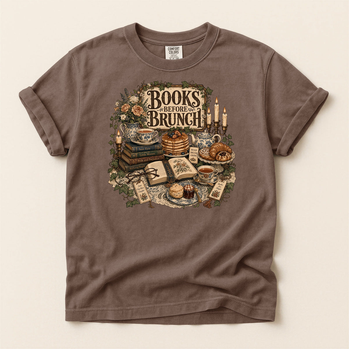 Books Before Brunch bookish tee in Espresso, full flat