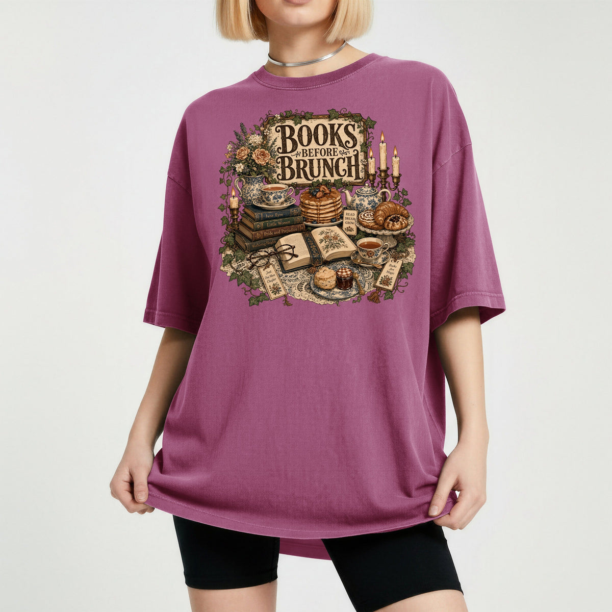 Books Before Brunch bookish tee in Berry, worn