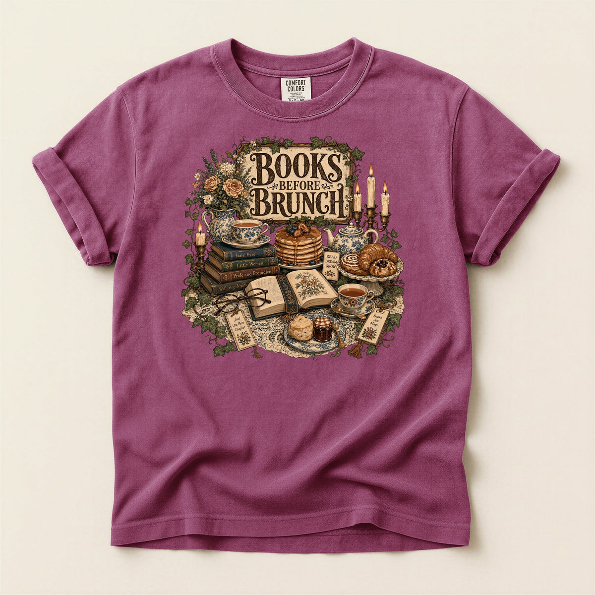 Books Before Brunch bookish tee in Berry, full flat