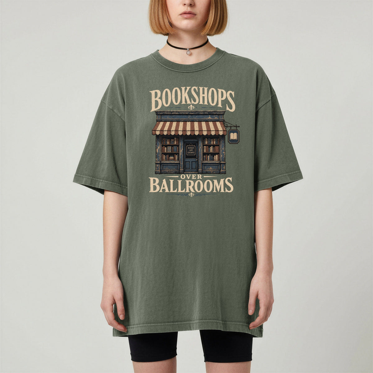 Shelf Love Studio Bookshops Over Ballrooms t-shirt in Moss, worn
