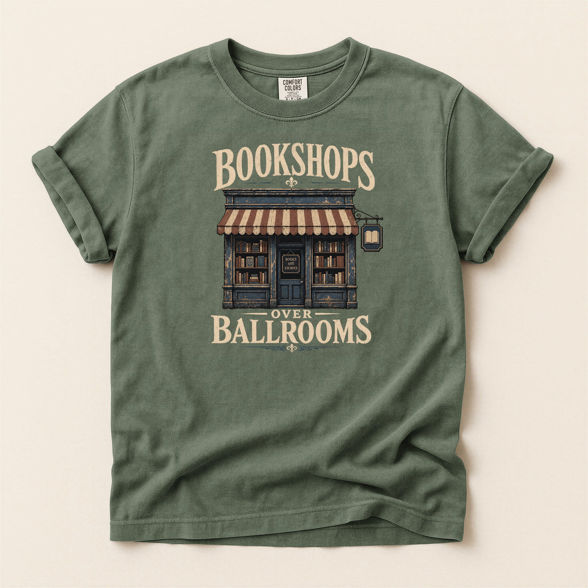 Shelf Love Studio Bookshops Over Ballrooms t-shirt in Moss, flat