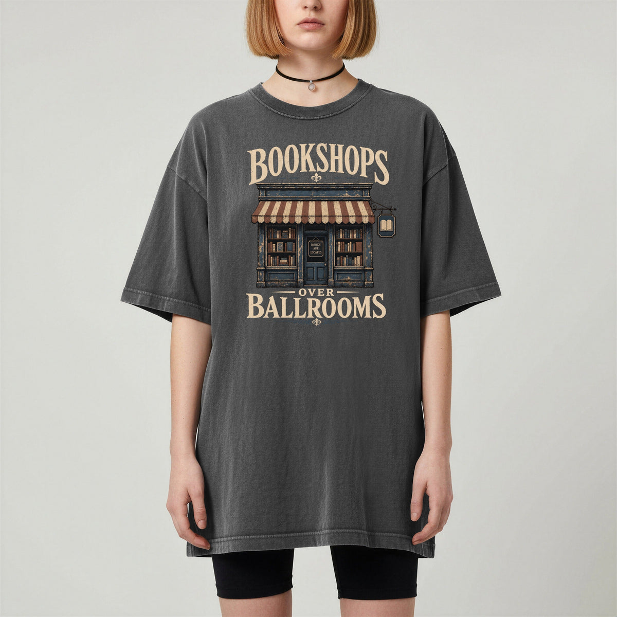 Shelf Love Studio Bookshops Over Ballrooms t-shirt in Pepper, worn