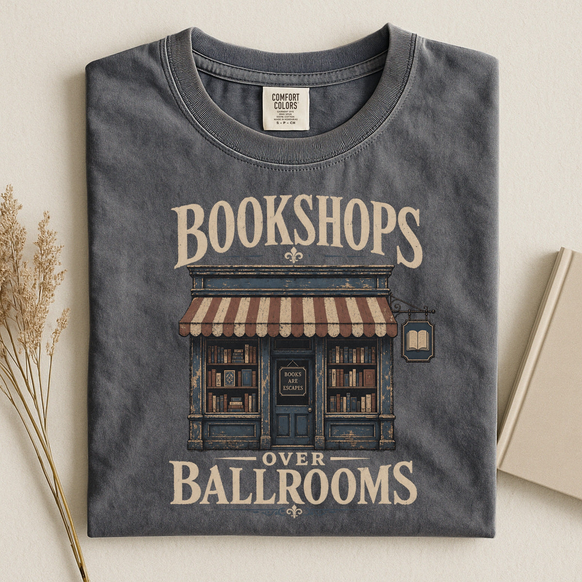 Shelf Love Studio Bookshops Over Ballrooms t-shirt in Pepper, styled flat lay