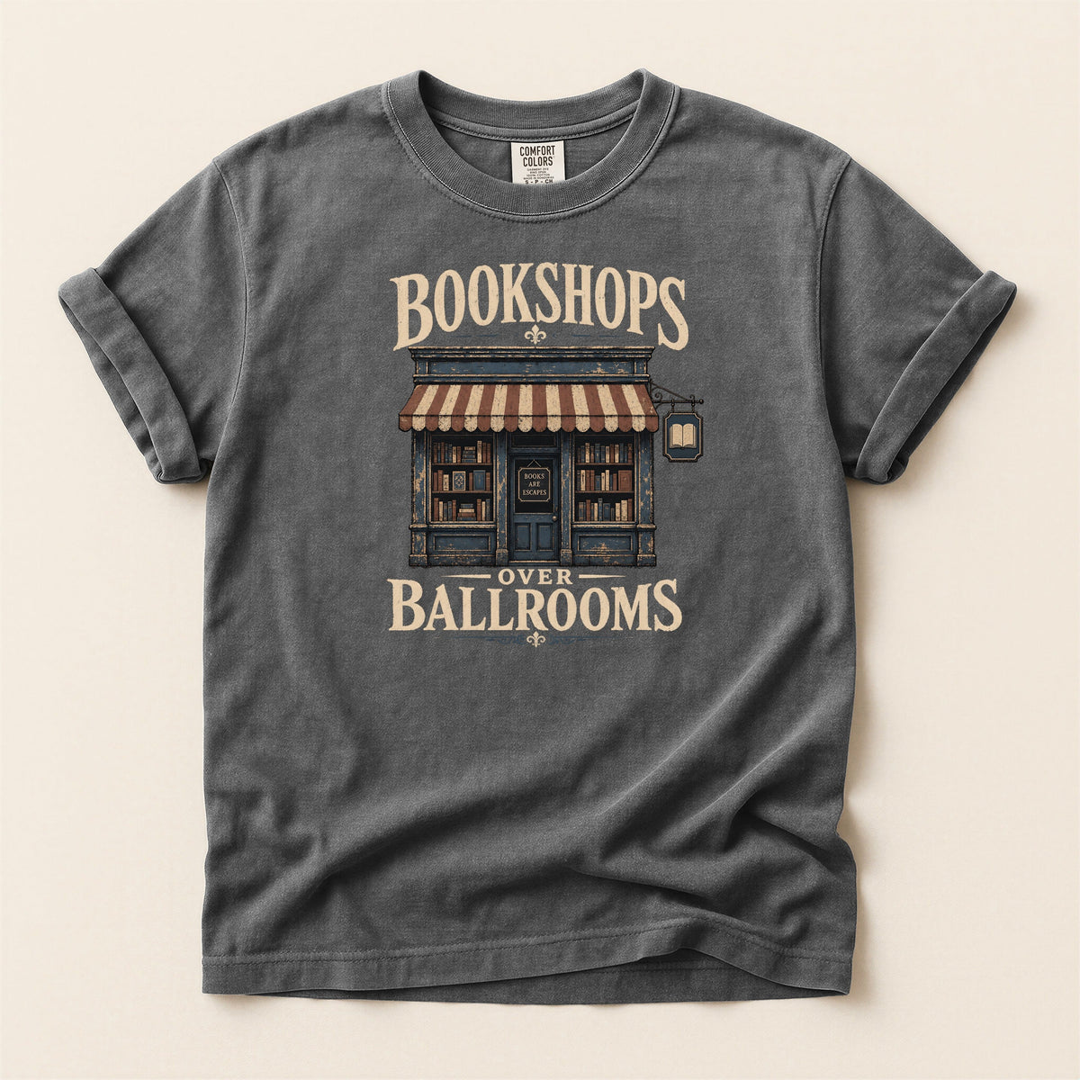 Shelf Love Studio Bookshops Over Ballrooms t-shirt in Pepper, flat