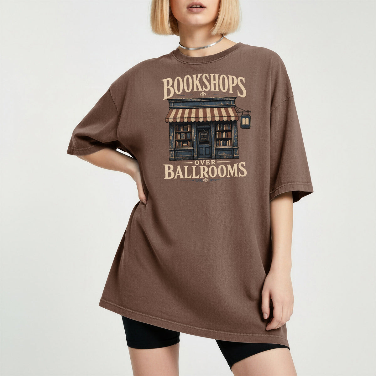 Shelf Love Studio Bookshops Over Ballrooms t-shirt in Espresso, worn