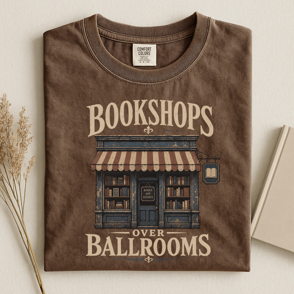 Shelf Love Studio Bookshops Over Ballrooms t-shirt in Espresso, styled flat lay