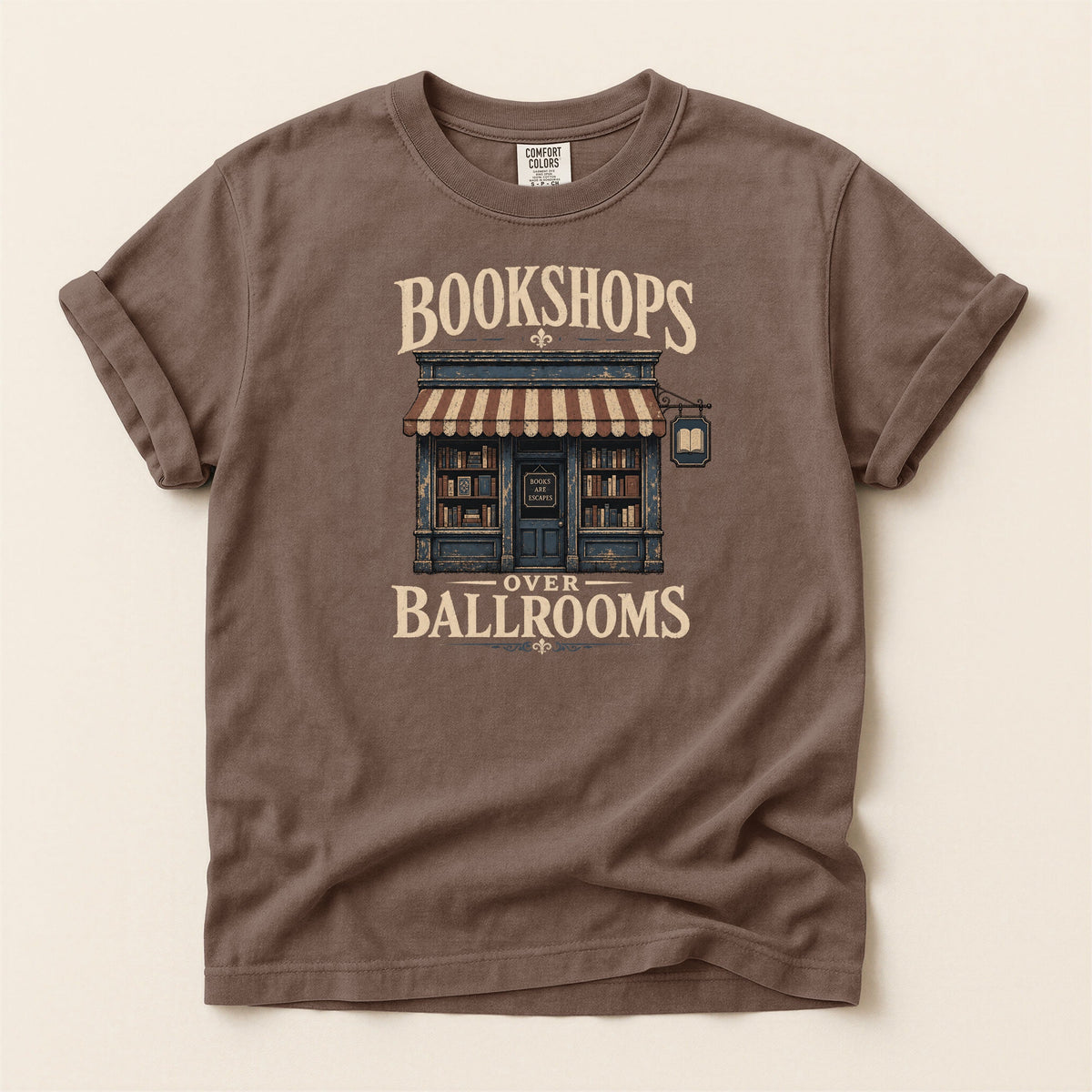 Shelf Love Studio Bookshops Over Ballrooms t-shirt in Espresso, flat