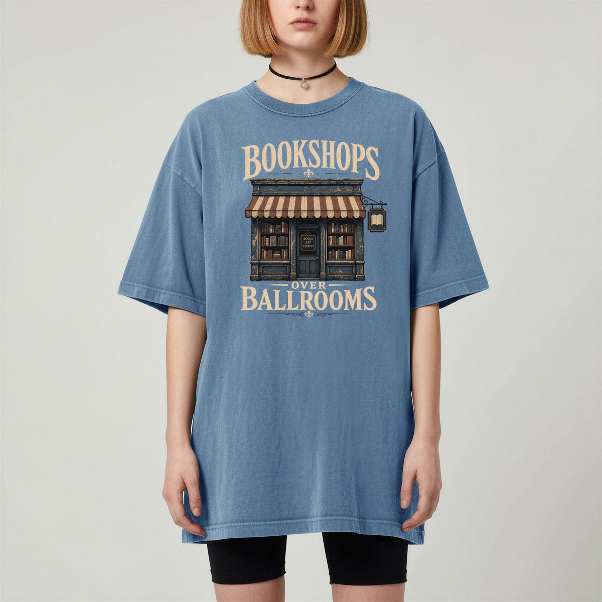 Shelf Love Studio Bookshops Over Ballrooms t-shirt in Blue Jean, worn