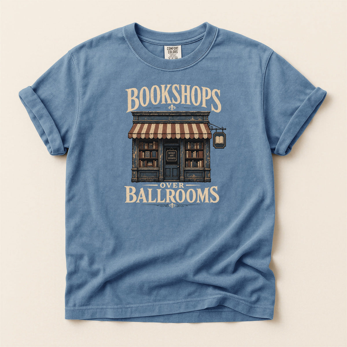 Shelf Love Studio Bookshops Over Ballrooms t-shirt in Blue Jean, flat