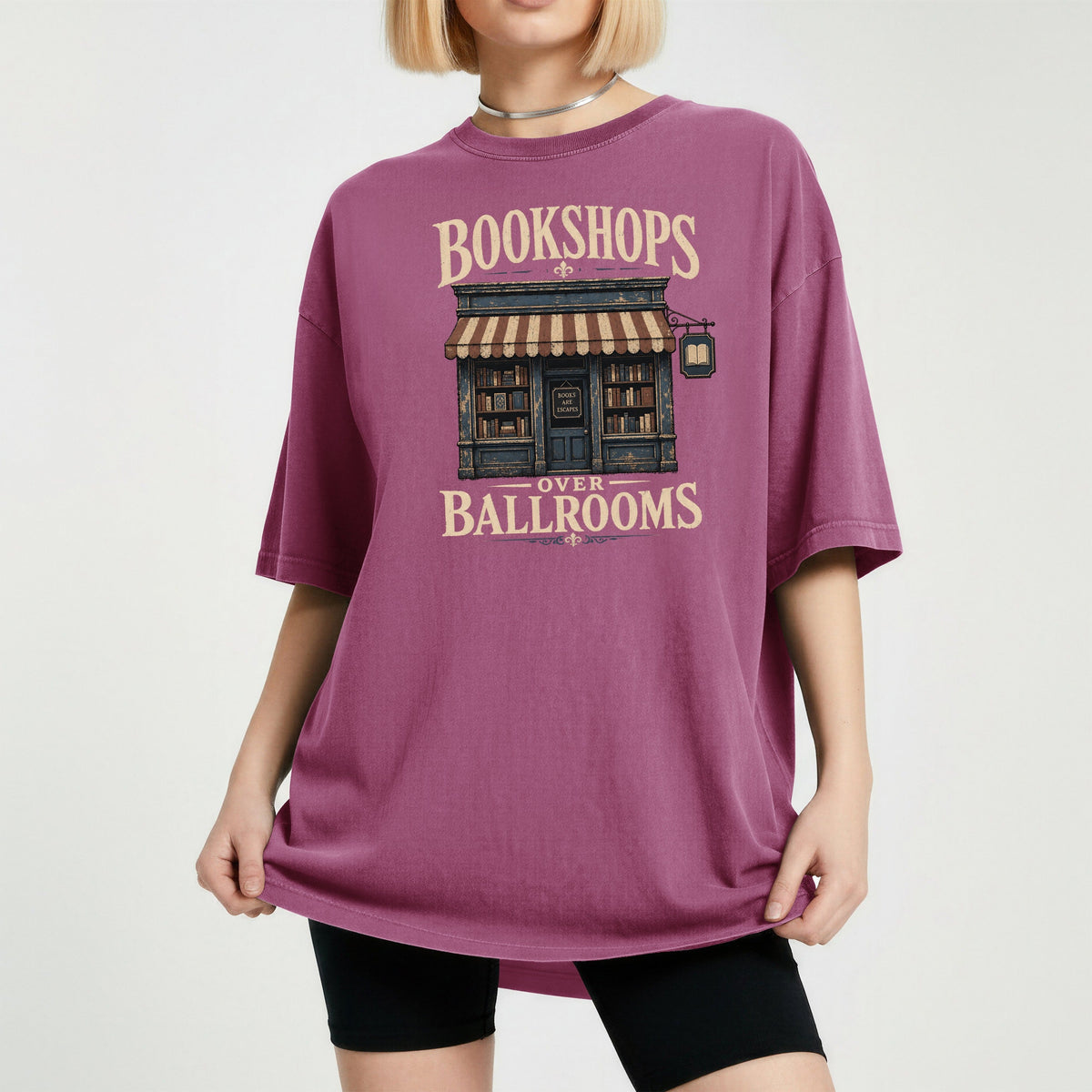 Shelf Love Studio Bookshops Over Ballrooms t-shirt in Berry, worn