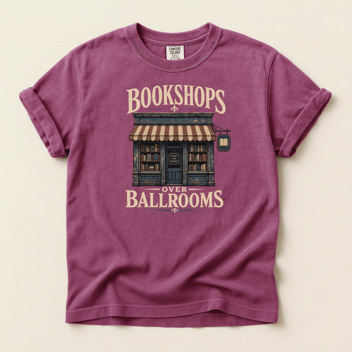 Shelf Love Studio Bookshops Over Ballrooms t-shirt in Berry, flat