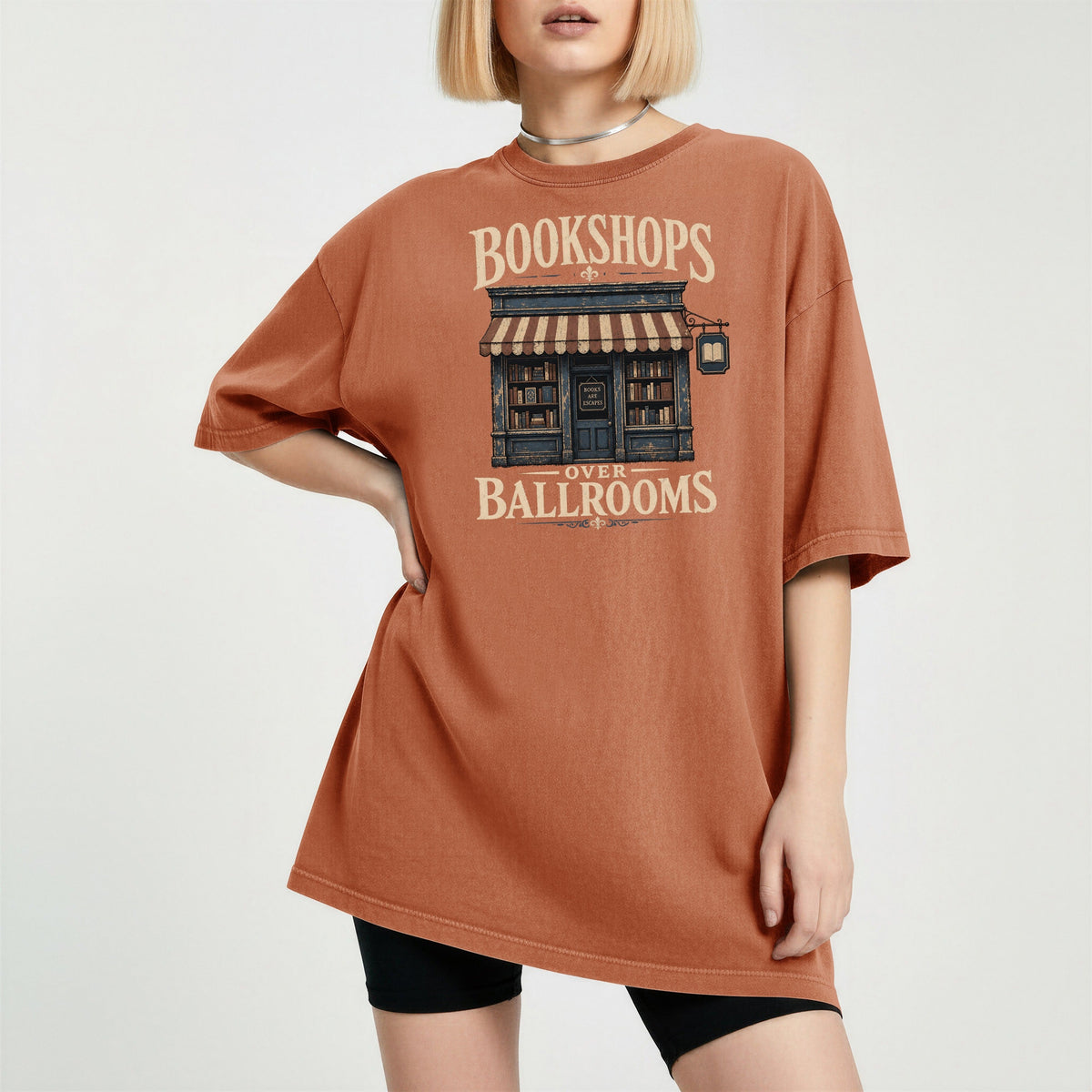 Shelf Love Studio Bookshops Over Ballrooms t-shirt in Yam, worn
