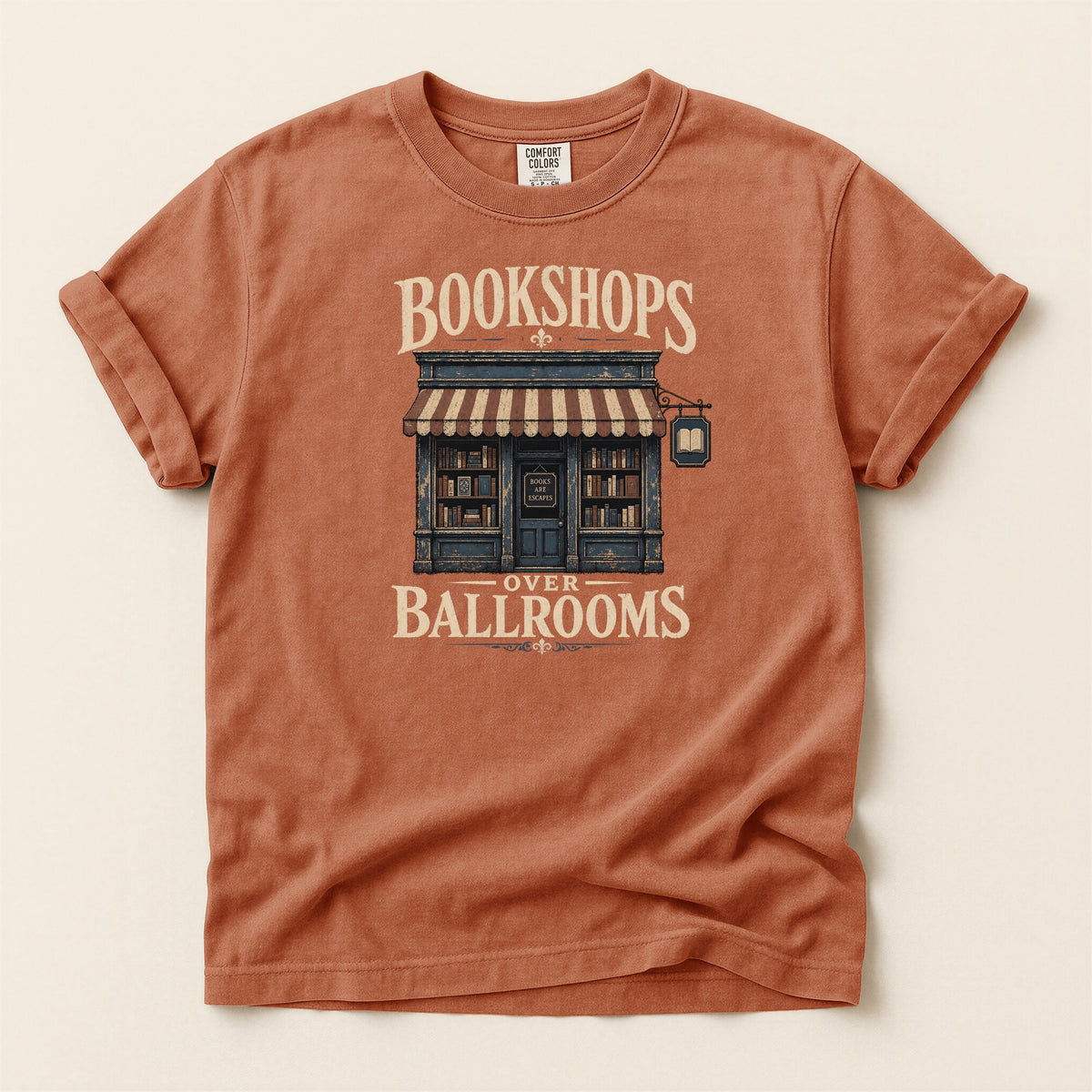 Shelf Love Studio Bookshops Over Ballrooms t-shirt in Yam, flat