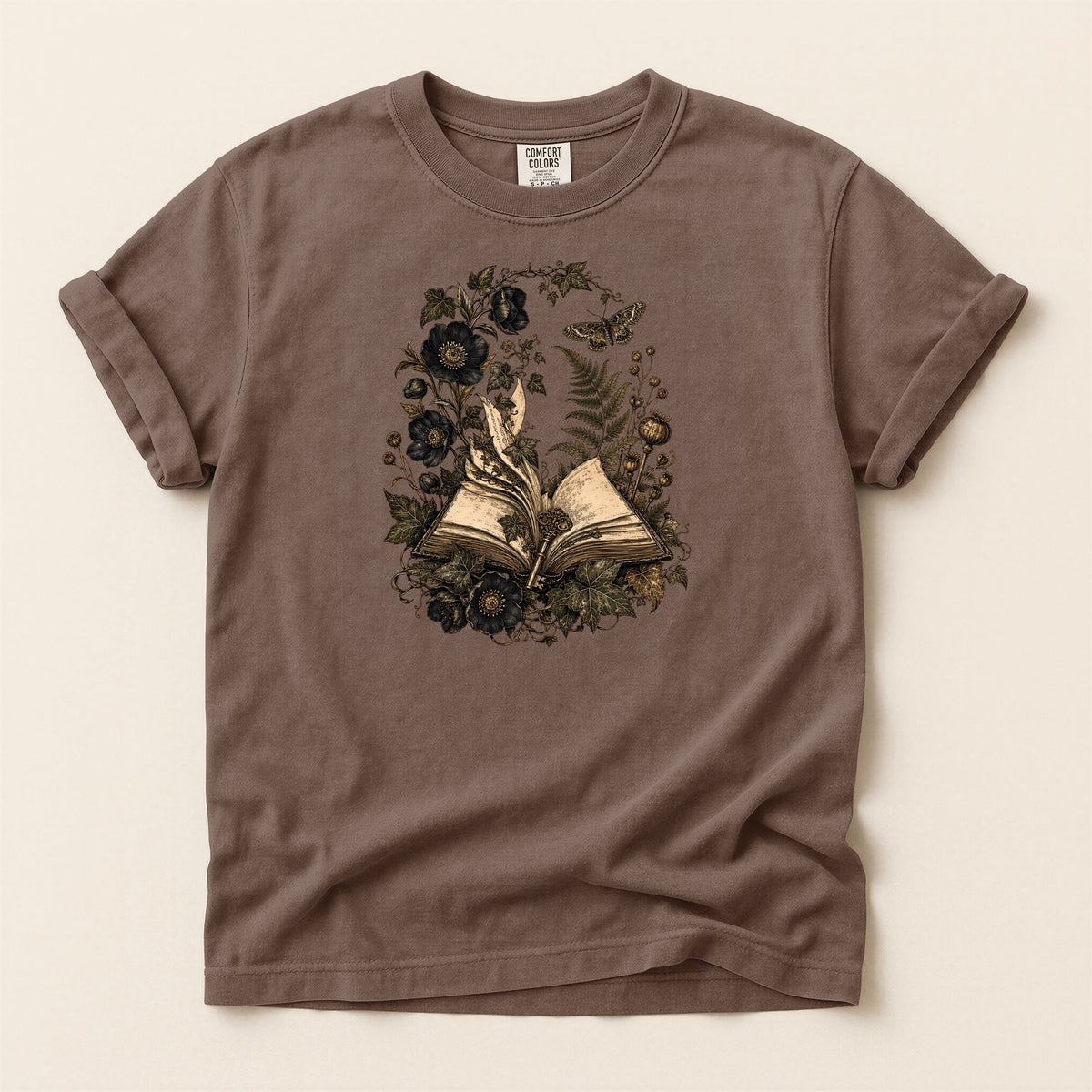 Shelf Love Studio Botanical Open Book t-shirt in Espresso, flat