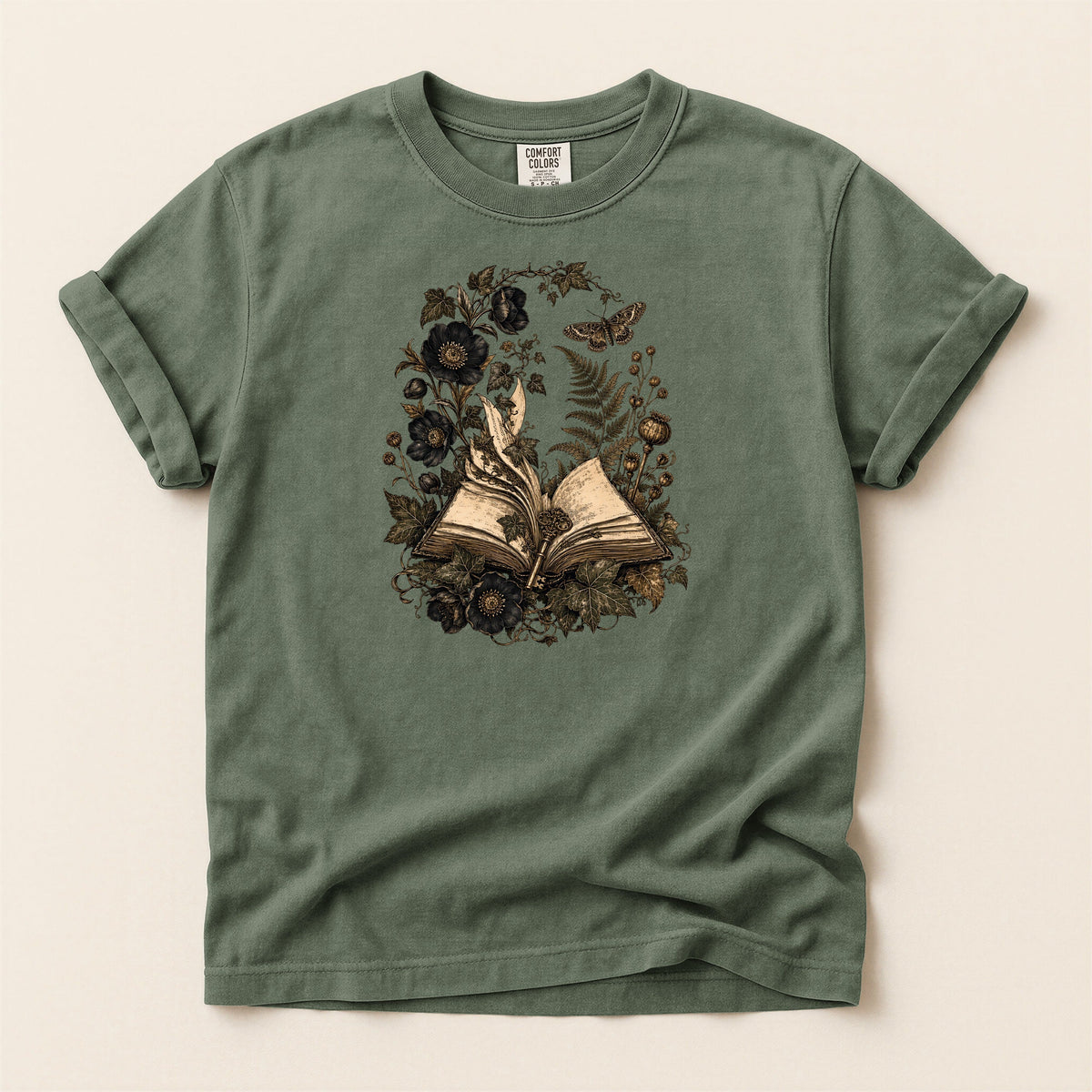 Shelf Love Studio Botanical Open Book t-shirt in Moss, flat