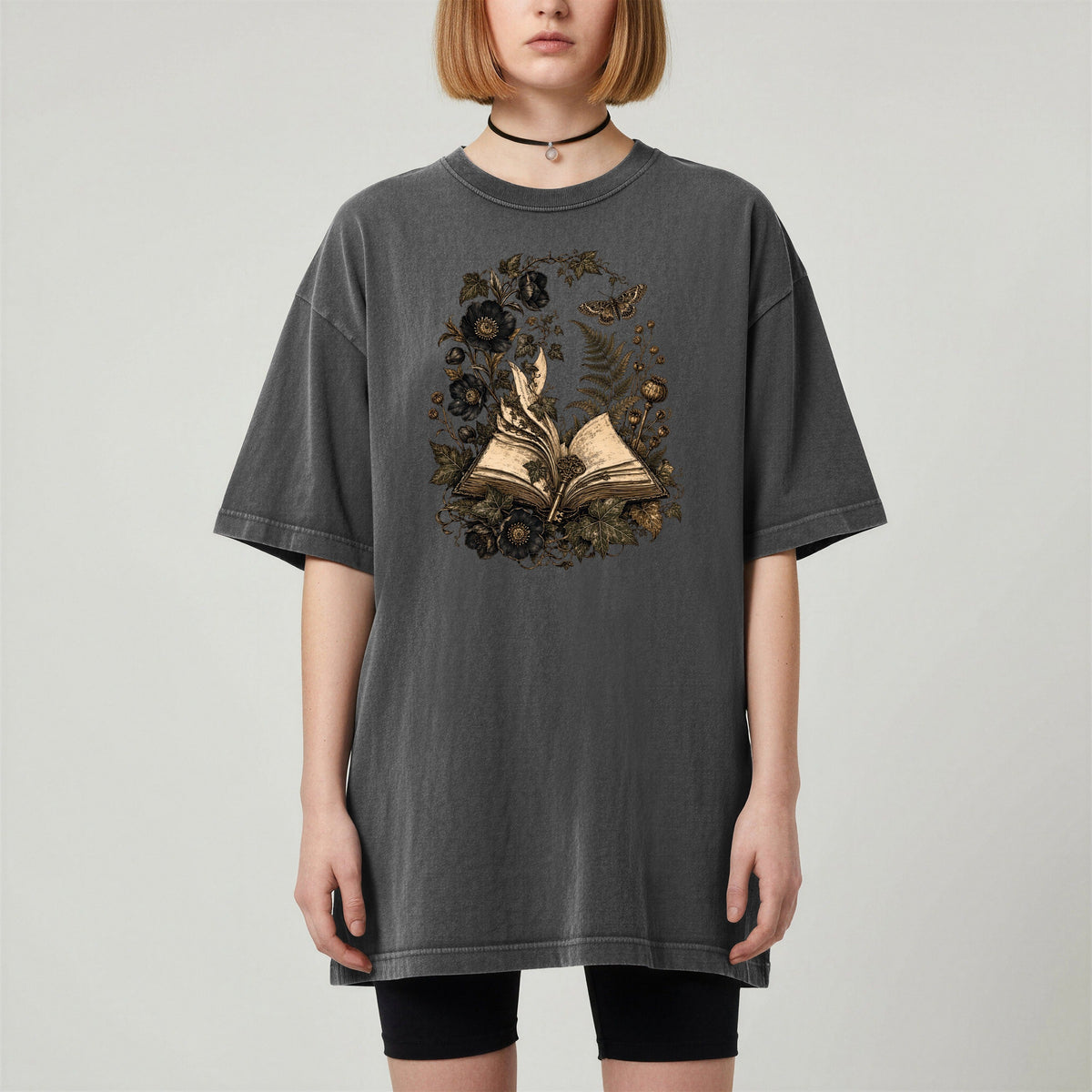 Shelf Love Studio Botanical Open Book t-shirt in Pepper, worn
