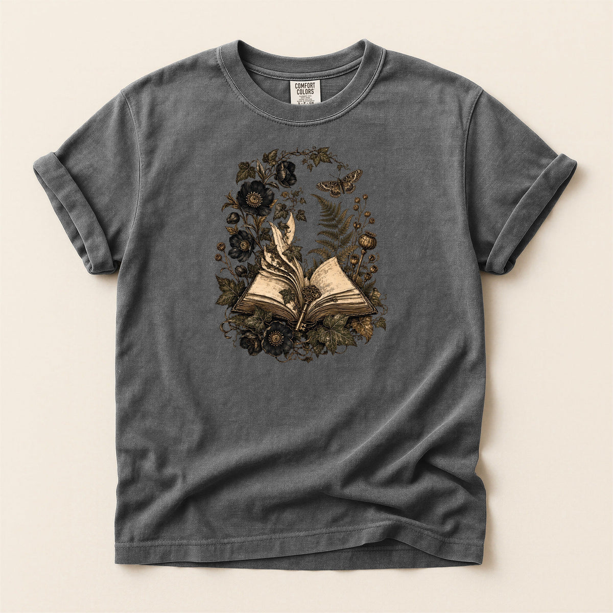 Shelf Love Studio Botanical Open Book t-shirt in Pepper, flat
