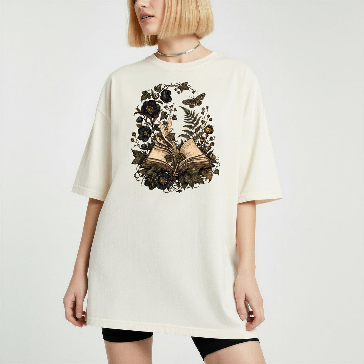 Shelf Love Studio Botanical Open Book t-shirt in Ivory, worn