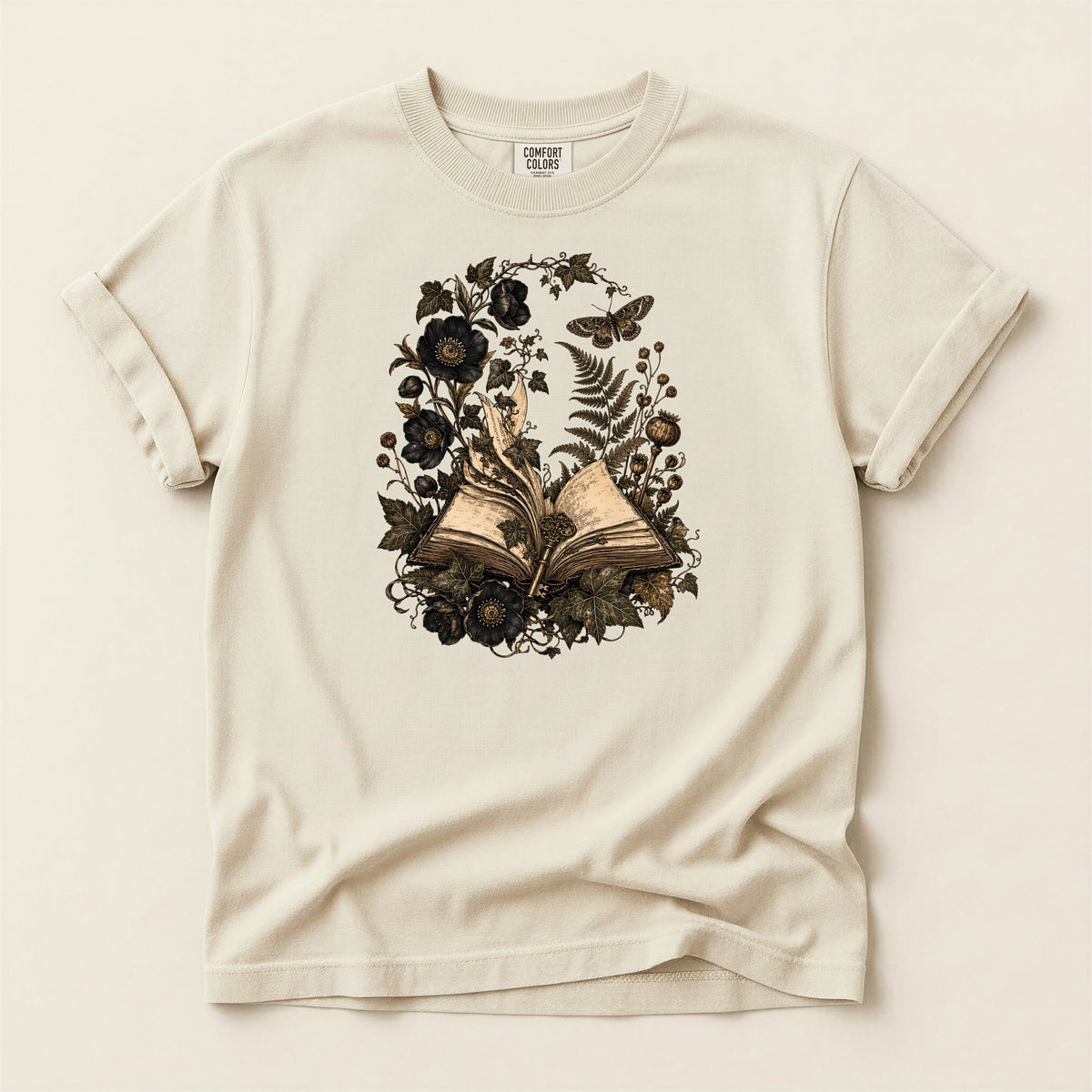 Shelf Love Studio Botanical Open Book t-shirt in Ivory, flat