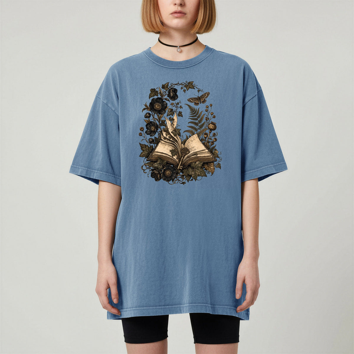 Shelf Love Studio Botanical Open Book t-shirt in Blue Jean, worn