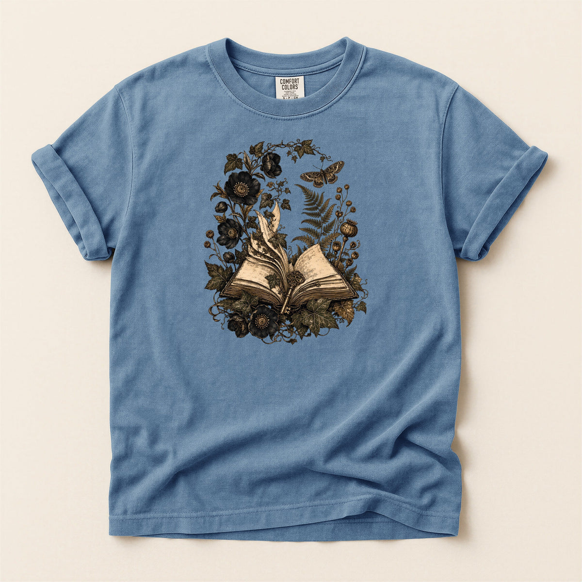 Shelf Love Studio Botanical Open Book t-shirt in Blue Jean, flat
