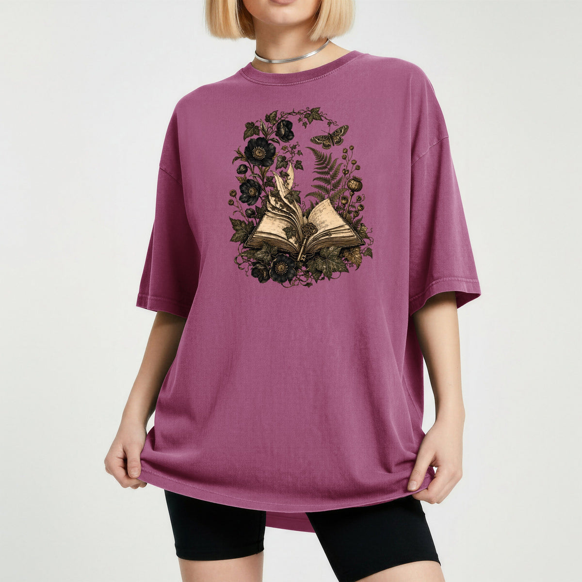 Shelf Love Studio Botanical Open Book t-shirt in Berry, worn
