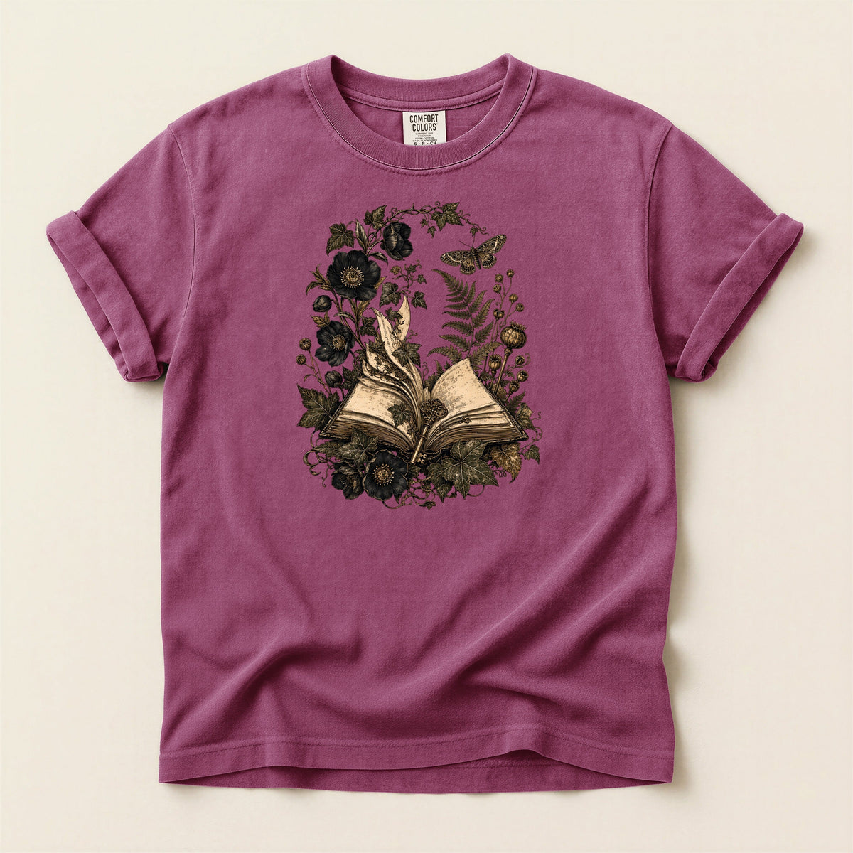 Shelf Love Studio Botanical Open Book t-shirt in Berry, flat