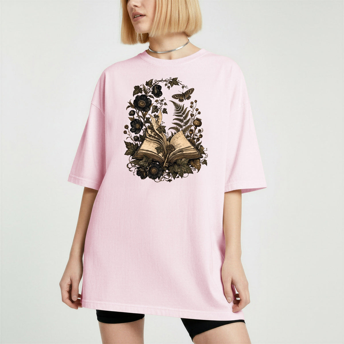 Shelf Love Studio Botanical Open Book t-shirt in Blossom, worn