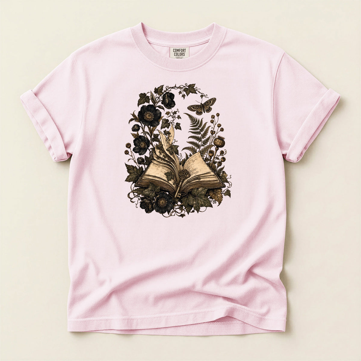 Shelf Love Studio Botanical Open Book t-shirt in Blossom, flat