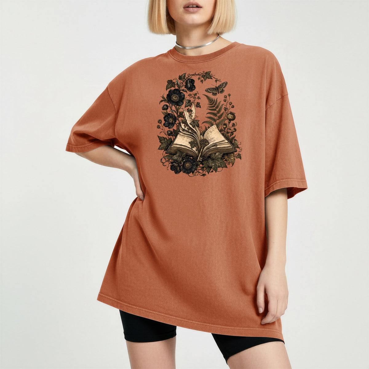 Shelf Love Studio Botanical Open Book t-shirt in Yam, worn