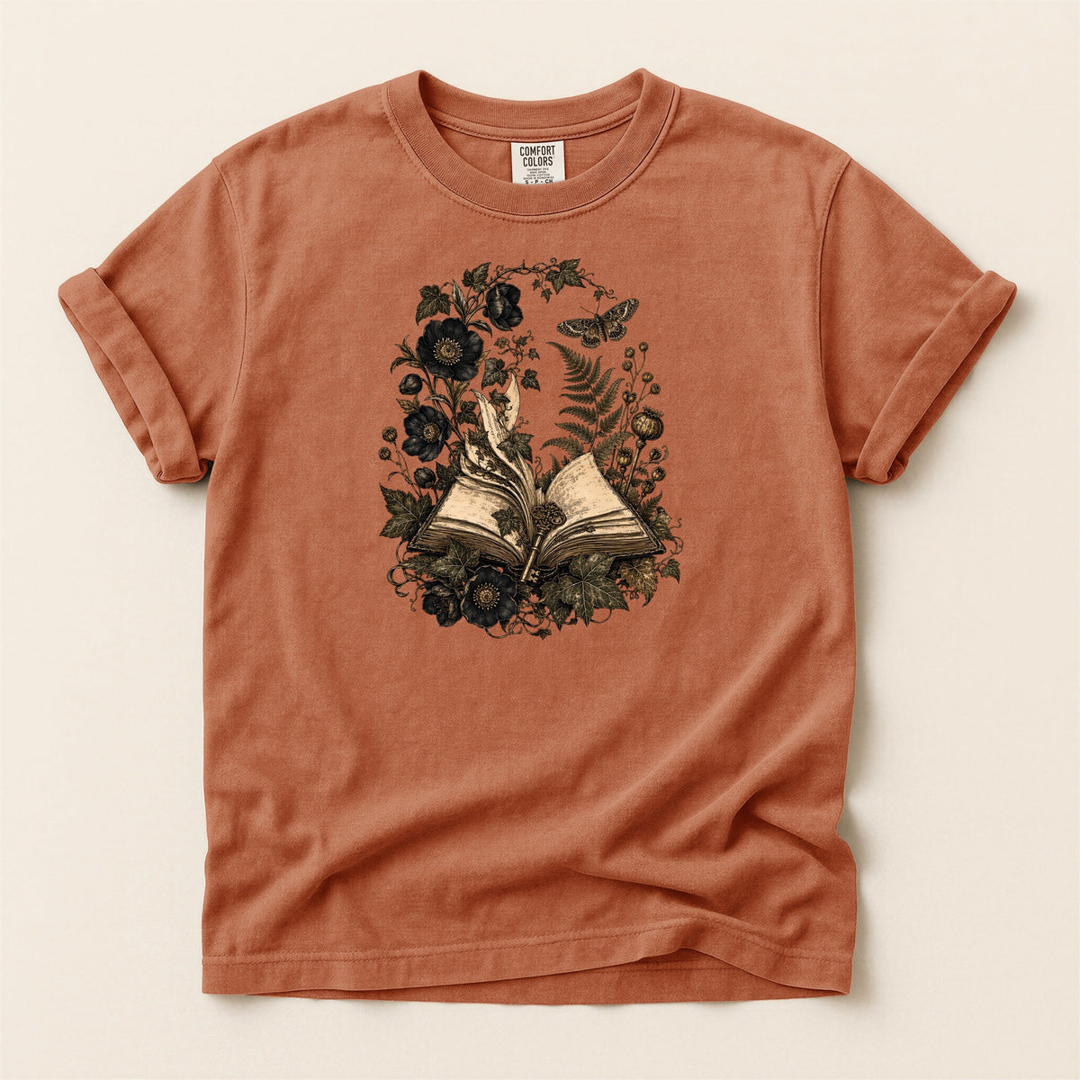 Shelf Love Studio Botanical Open Book t-shirt in Yam, flat
