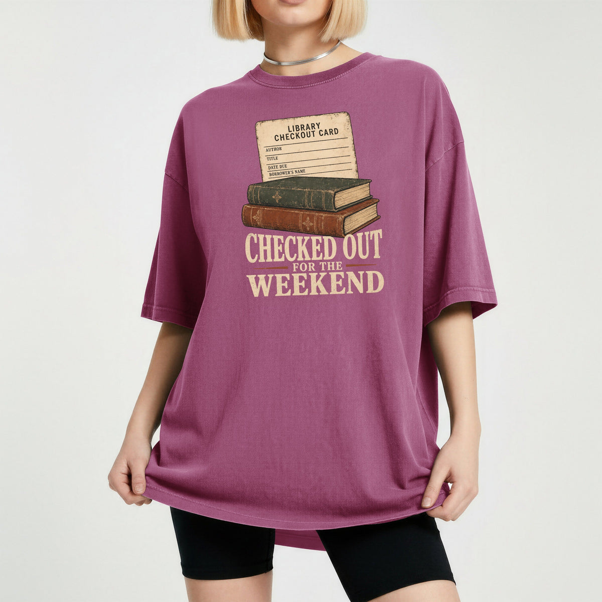 Shelf Love Studio Checked Out for the Weekend t-shirt in Berry, worn