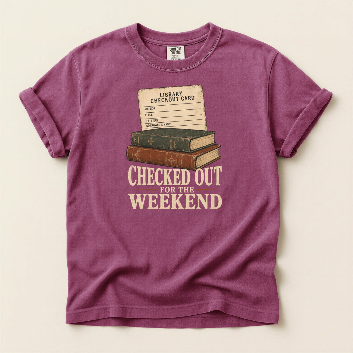 Shelf Love Studio Checked Out for the Weekend t-shirt in Berry, flat