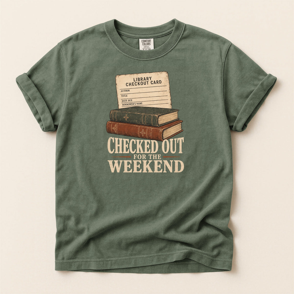 Shelf Love Studio Checked Out for the Weekend t-shirt in Moss, flat