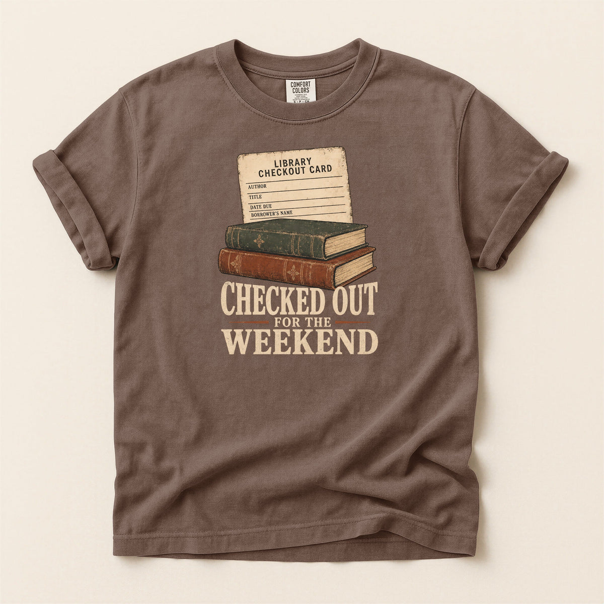 Shelf Love Studio Checked Out for the Weekend t-shirt in Espresso, flat