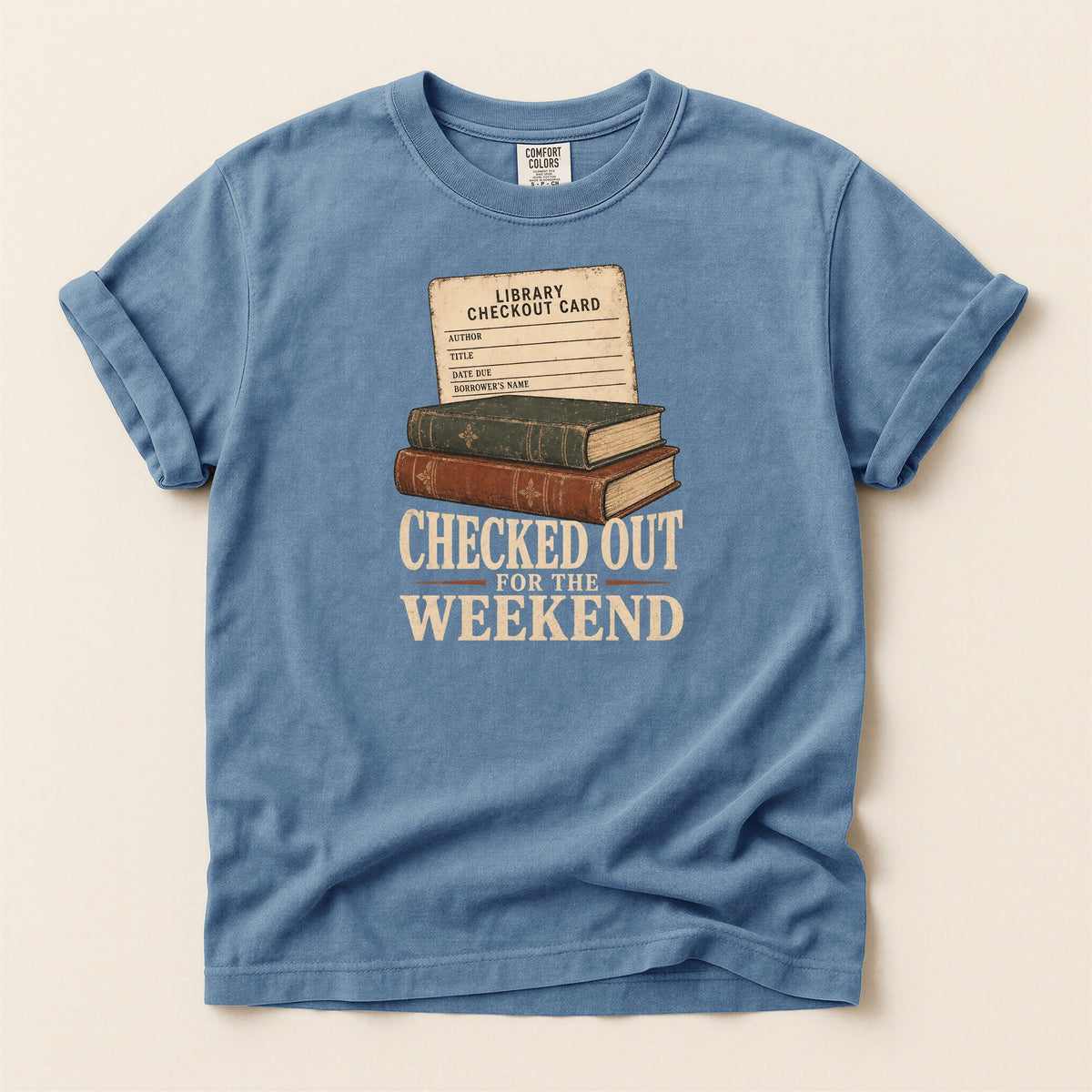 Shelf Love Studio Checked Out for the Weekend t-shirt in Blue Jean, flat