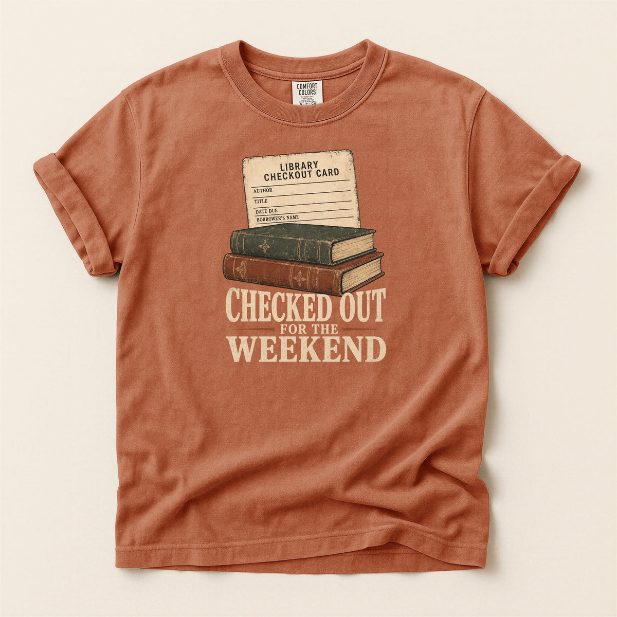 Shelf Love Studio Checked Out for the Weekend t-shirt in Yam, flat