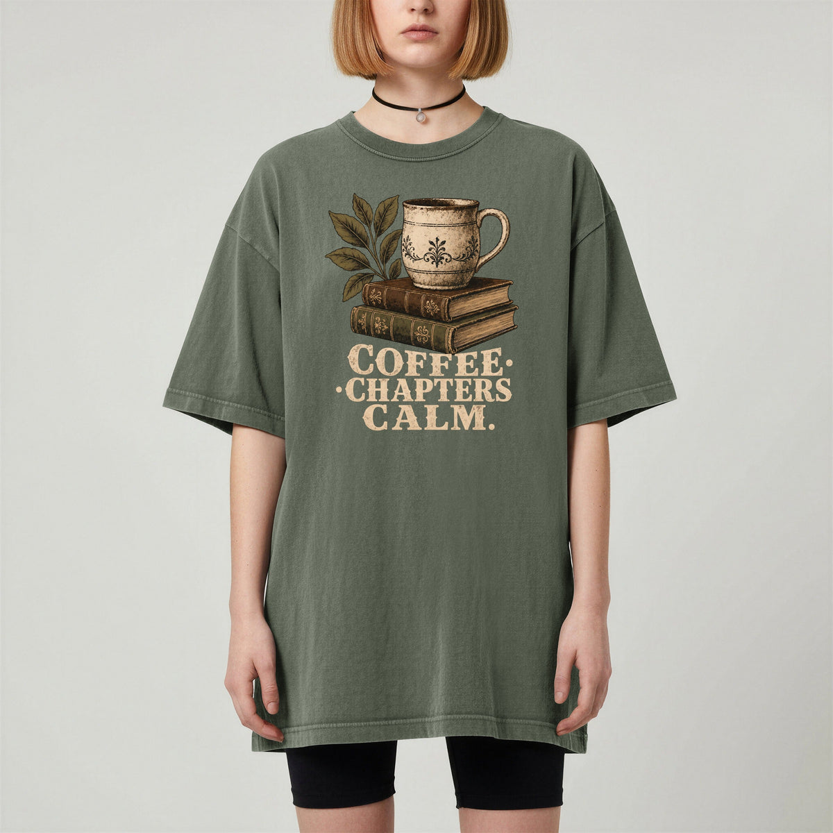 Shelf Love Studio Coffee. Chapters. Calm. t-shirt in Moss, worn