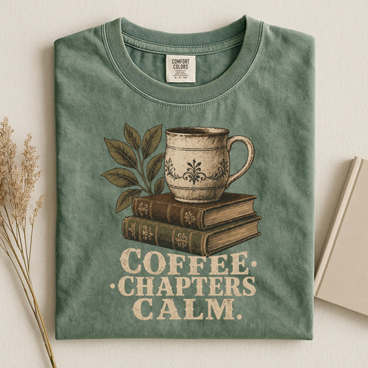 Shelf Love Studio Coffee. Chapters. Calm. t-shirt in Moss, styled flat lay
