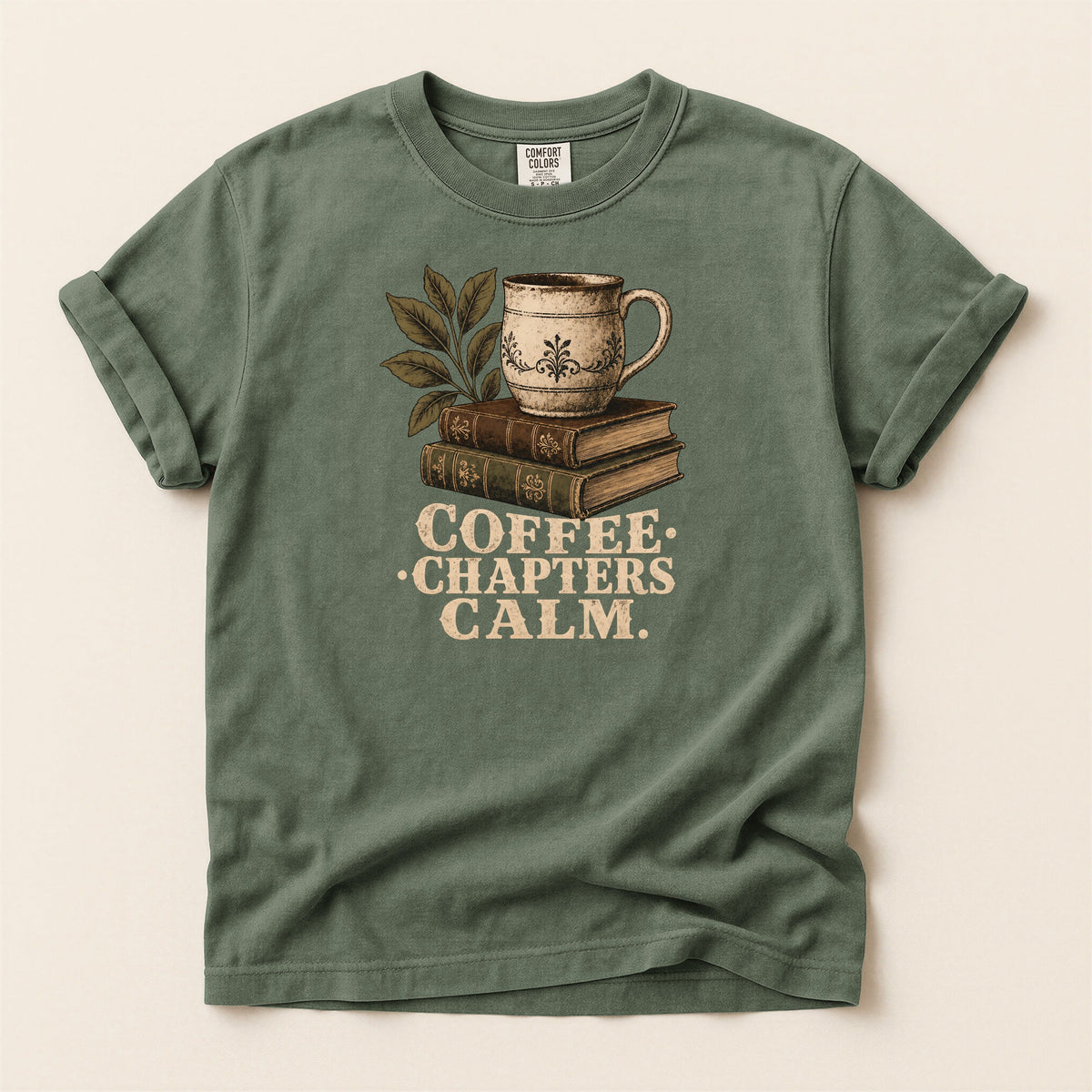 Shelf Love Studio Coffee. Chapters. Calm. t-shirt in Moss, flat